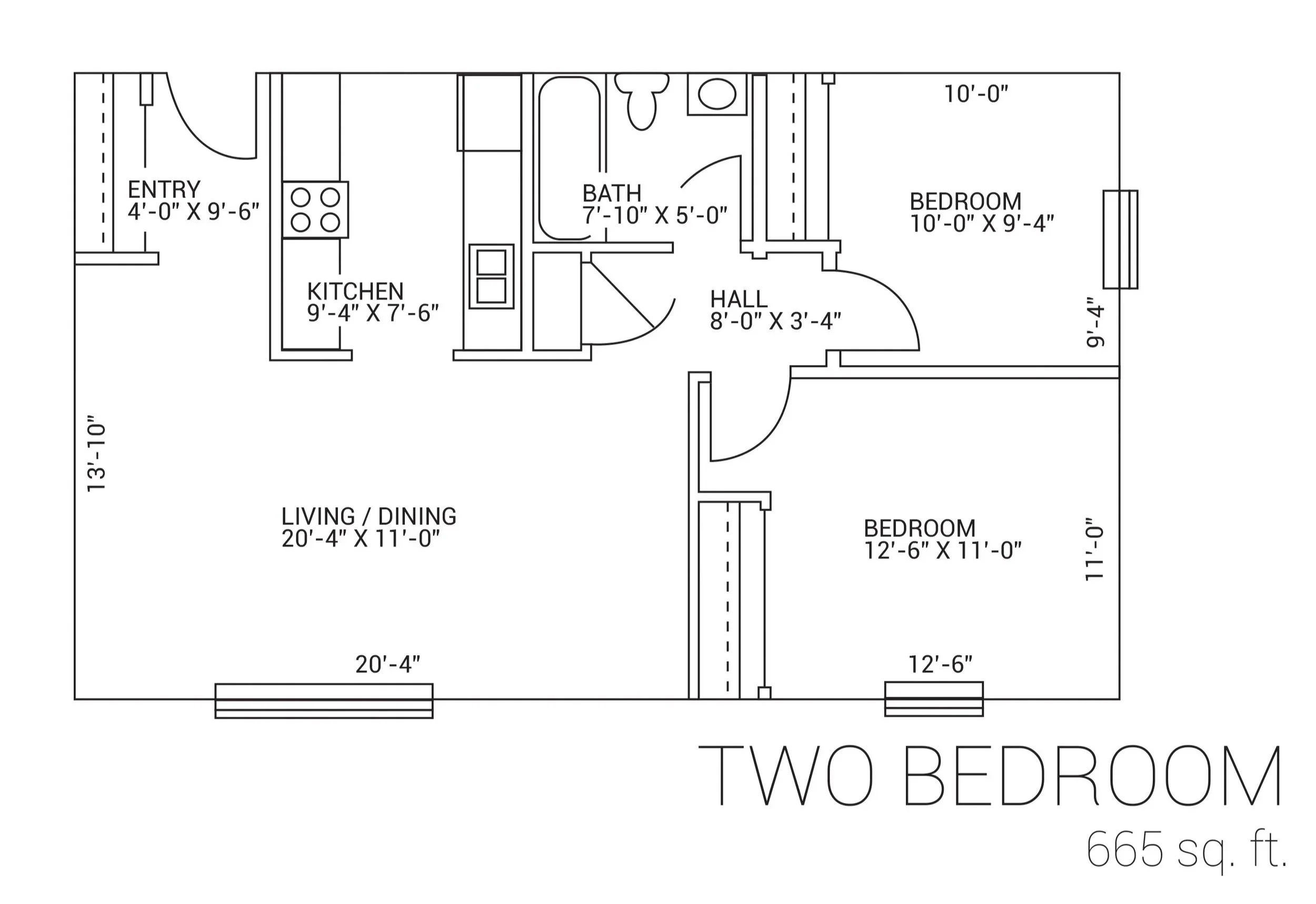 Floor plan of a two-bedroom apartment, 665 square feet, featuring an entryway, kitchen, living/dining area, two bedrooms, a bathroom, and a hall.