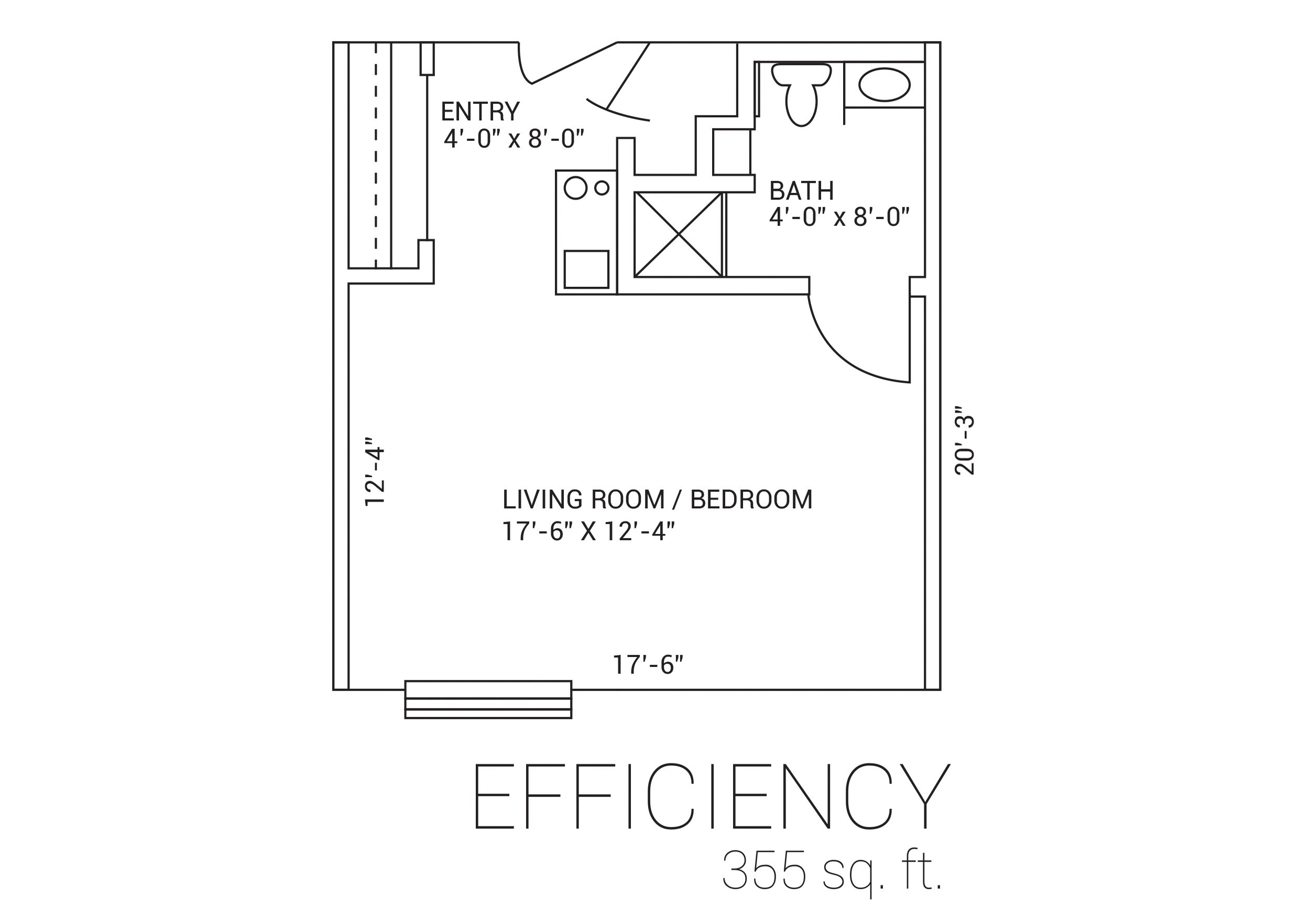 Floor plan of a small apartment showing an entryway, a combined living room and bedroom, a bathroom, with dimensions labeled. The apartment is 355 square feet.
