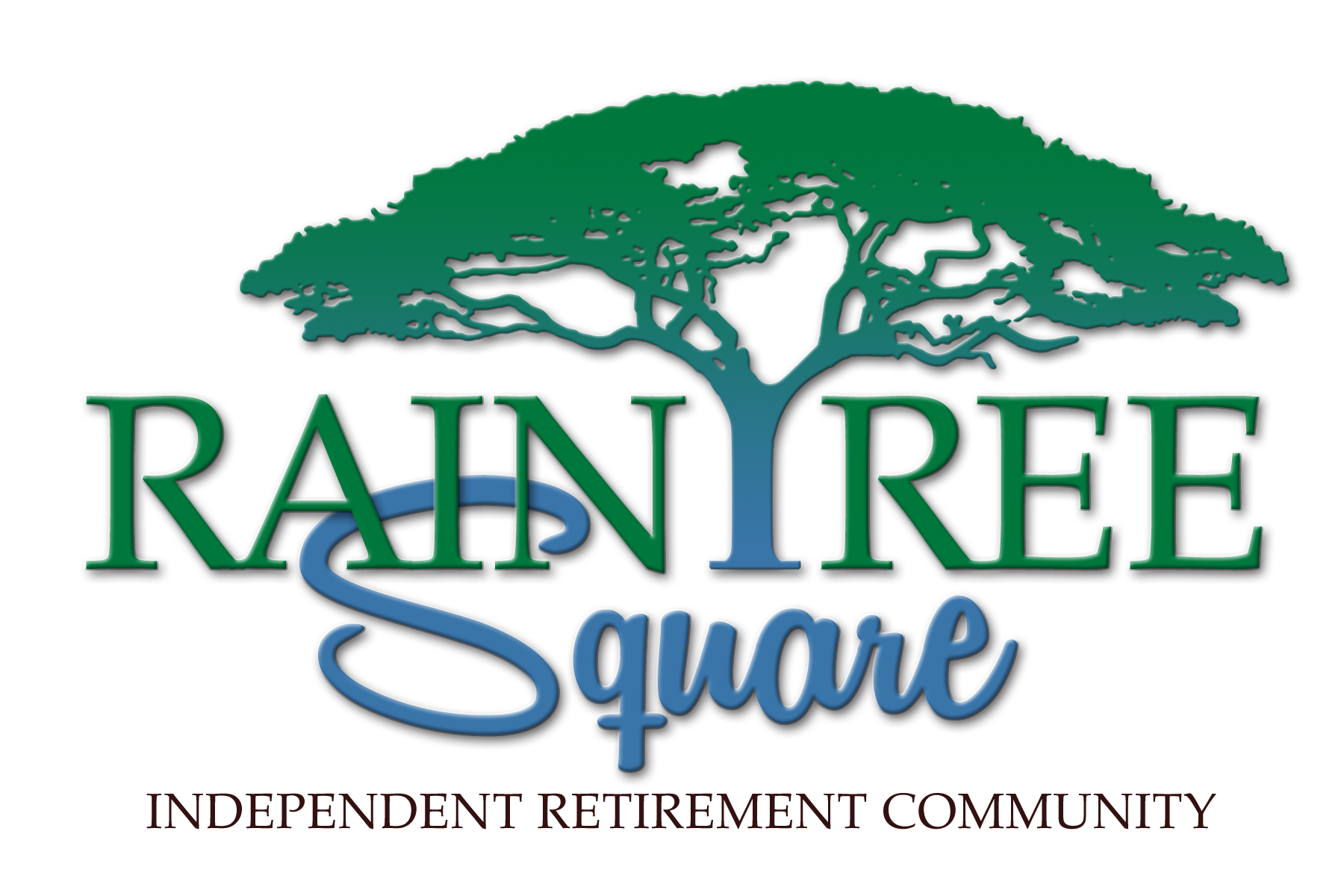 Logo for Rain Tree Square featuring a large stylized rain tree above the text 'Rain Tree Square' with a slogan below.