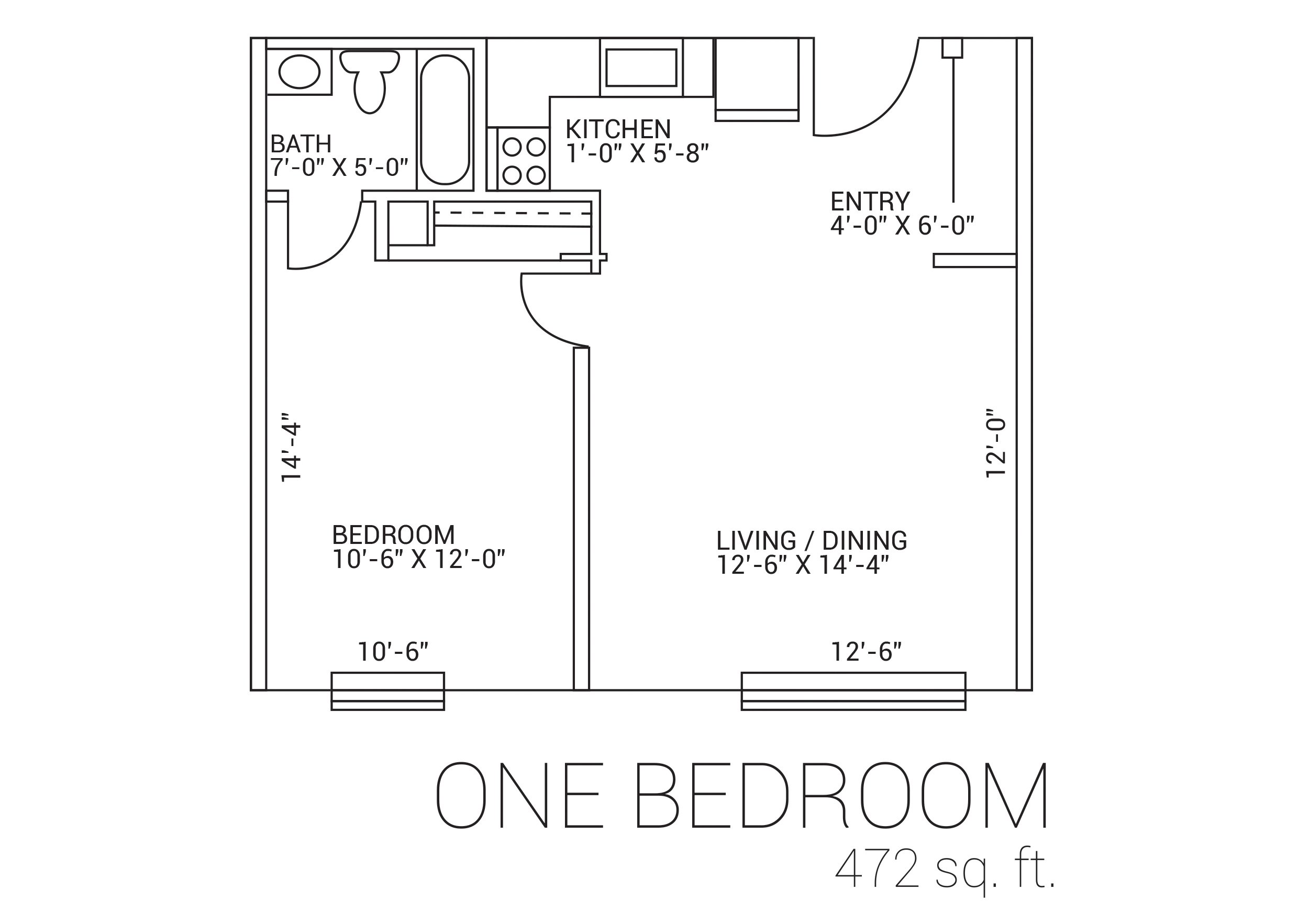 Floor plan of a one-bedroom apartment with labeled rooms, dimensions, and total area of 472 square feet.