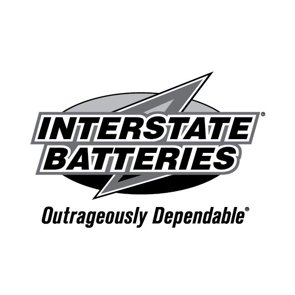 Interstate Batteries logo with a lightning bolt and slogan 'Outrageously Dependable' in black and white.