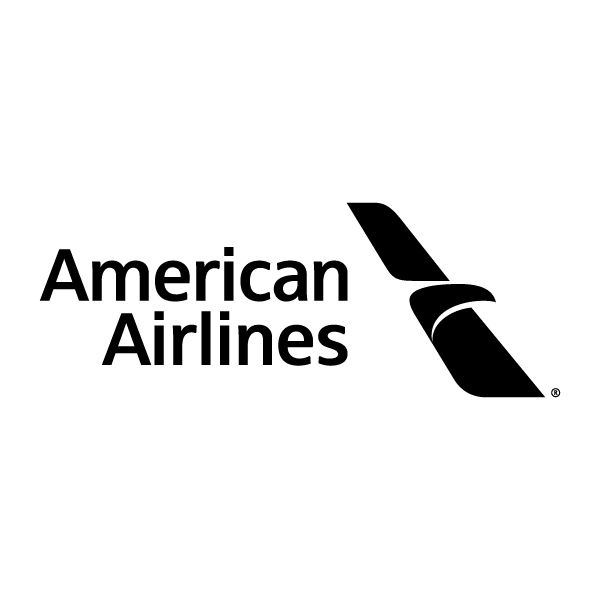 Black and white American Airlines logo featuring a stylized eagle wing and the text 'American Airlines'.