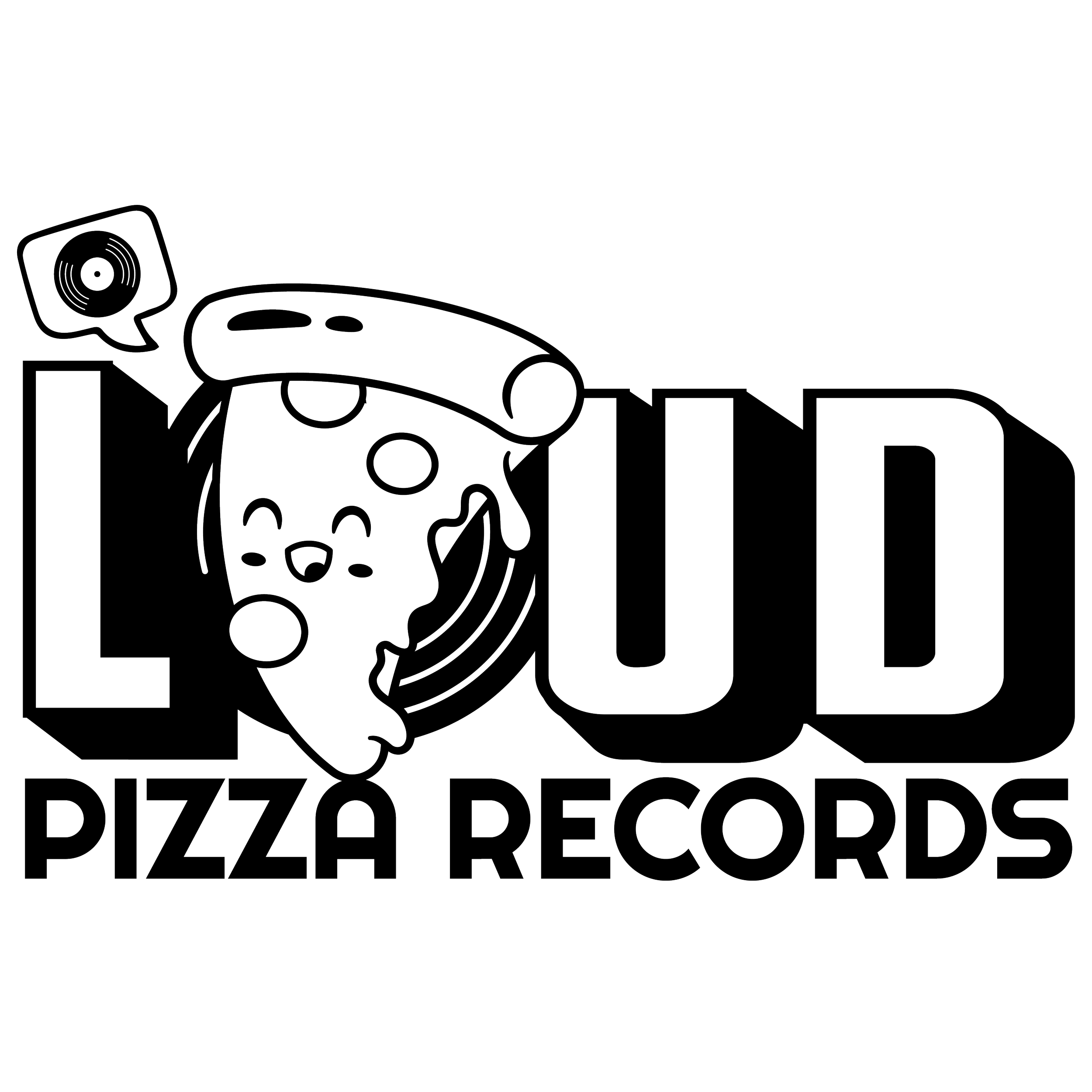 Outline logo of LOL Pizza Records featuring a smiling cartoon pizza slice with a telephone shape on top, and a speech bubble with a record inside it.