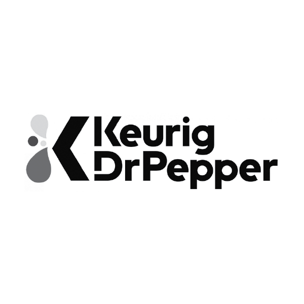 Keurig Dr Pepper logo in black and white with stylized droplets.