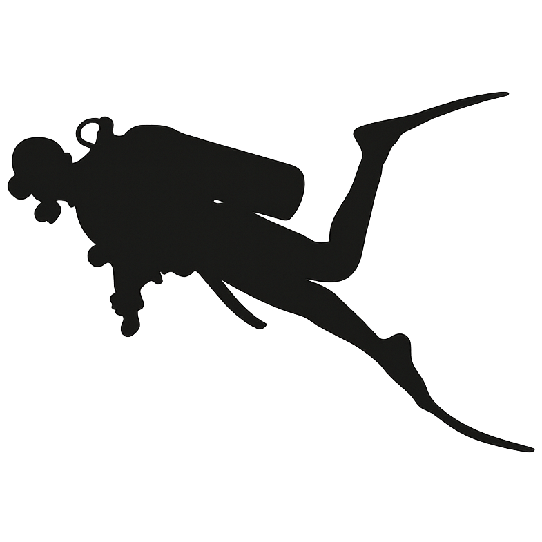Silhouette of a scuba diver wearing a mask and fins, swimming underwater.