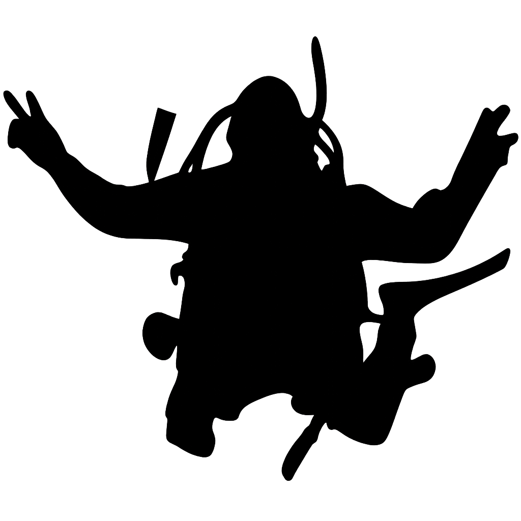 Silhouette of a scuba diver with arms raised, underwater with a dark background.