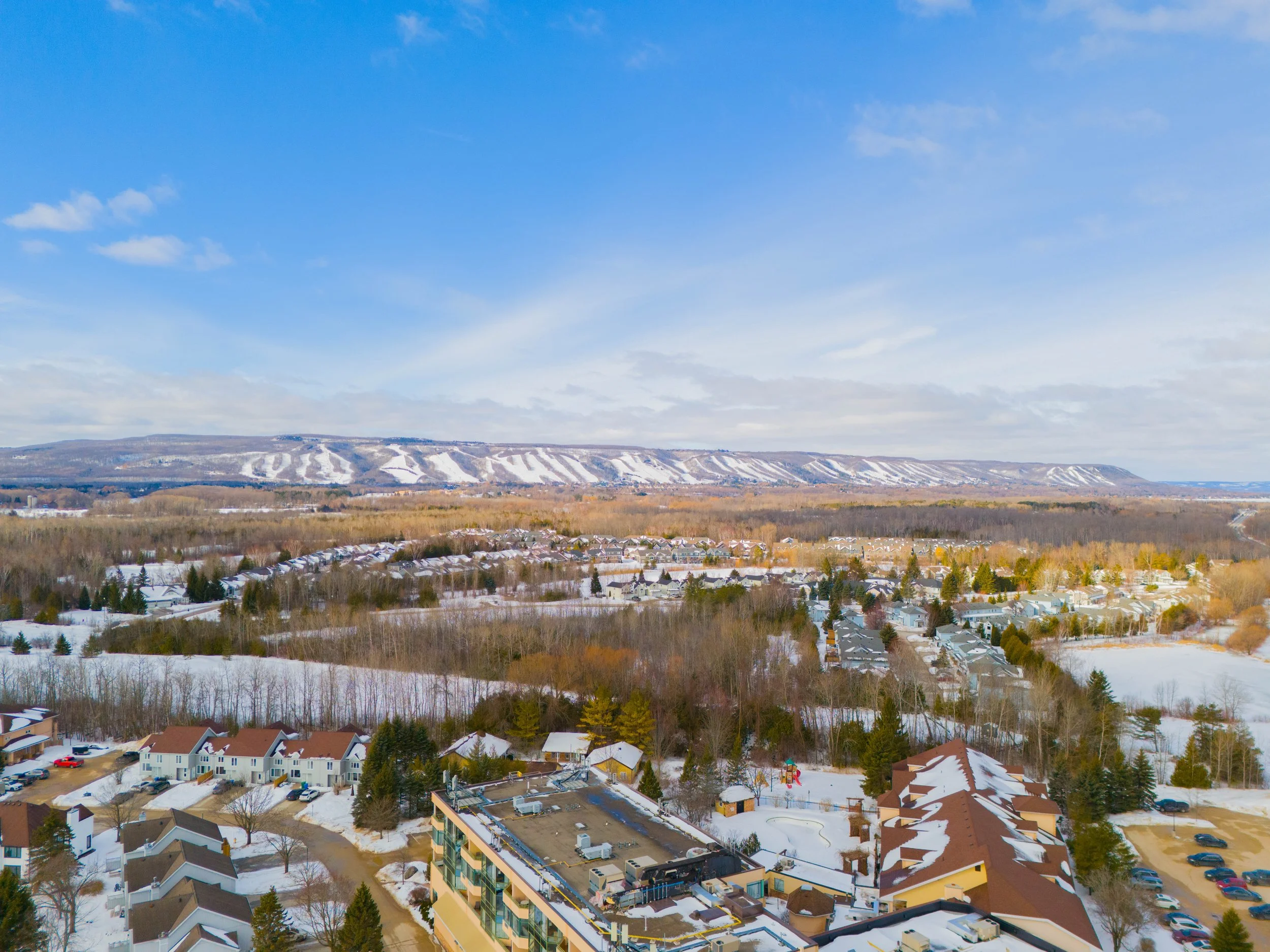 A snowy residential neighborhood with houses, trees, and parking lots, with Blue Mountain Ski Resort in the background under a partly cloudy sky.