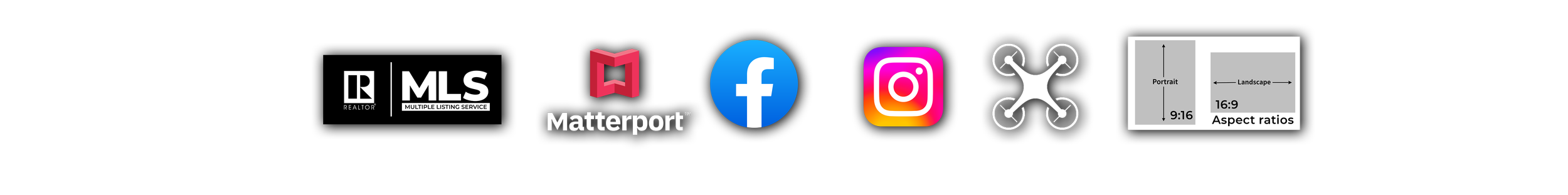 Row of social media and real estate logos on a black background, including Realtor, MLS, Matterport, Facebook, Instagram, a drone icon, and a graphic showing aspect ratios for portrait, landscape, and 16:9.