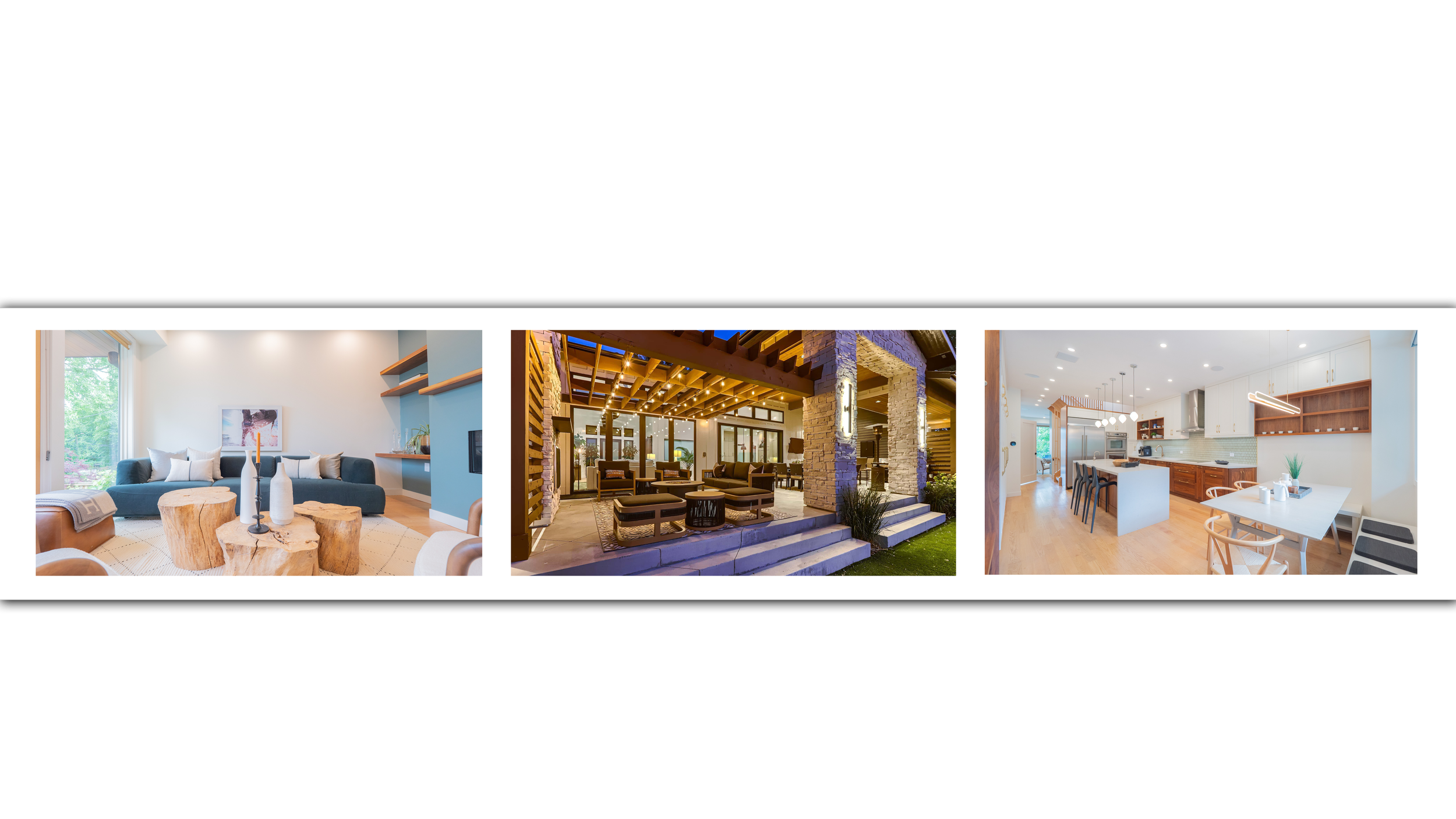 Three images: a modern living room with blue sofa and natural wood coffee table from StrongLog, a cozy outdoor lounge area with string lights and stone pillars, and a bright kitchen with white cabinets, wood accents, and a dining table.
