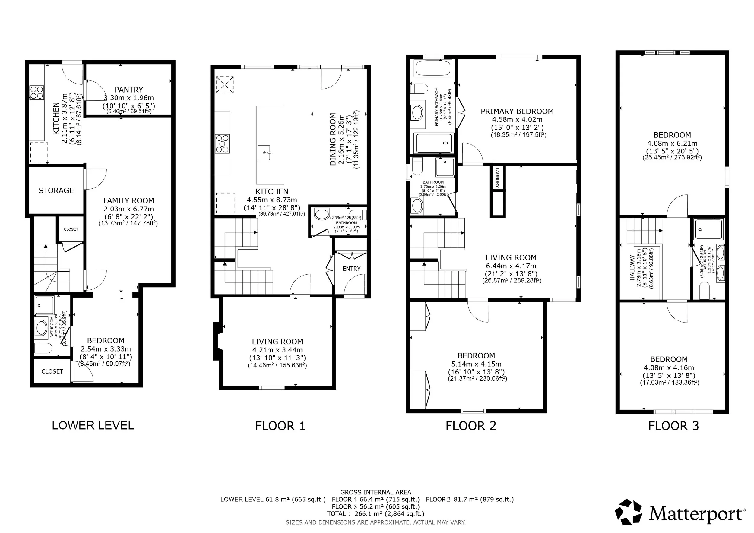 Floor plan of a multi-story home showing lower level, first floor, second floor, and third floor layouts with room dimensions and labels.