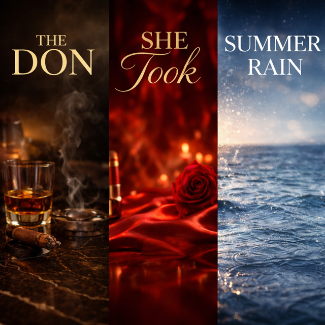 Triptych cover image with three panels: a glass of whiskey and a cigar on a bar counter, a red rose on red satin fabric with candles in the background, and an ocean with sunlight reflections on the water.