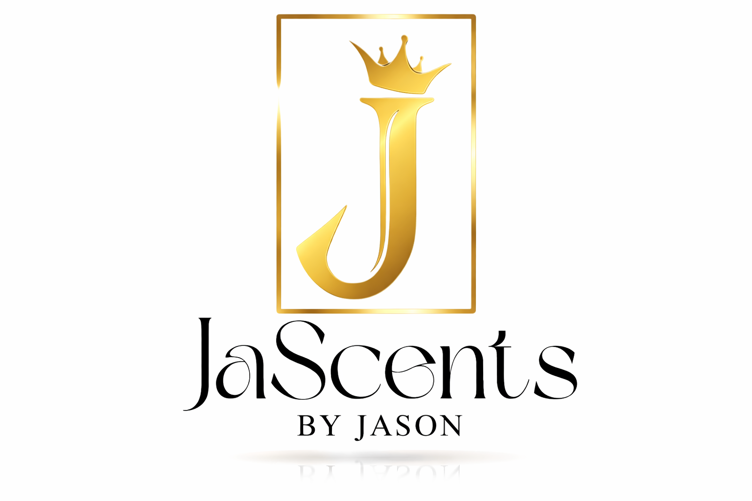 A logo with a stylized gold fishing hook and a crown at the top, inscribed within a rectangular border. Below the logo, the text reads 'JaScents by Jason' in elegant black font.