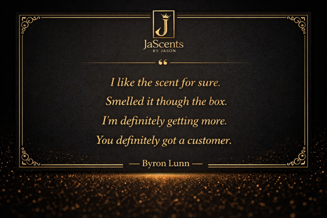 A black and gold promotional card for JaScents by Jason featuring a quote by Byron Lunn about scents.