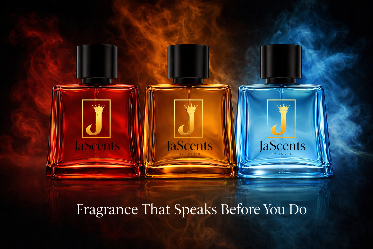 Three perfume bottles labeled JaScents by Jason in red, orange, and blue with smoke in background, and text 'Fragrance That Speaks Before You Do.'