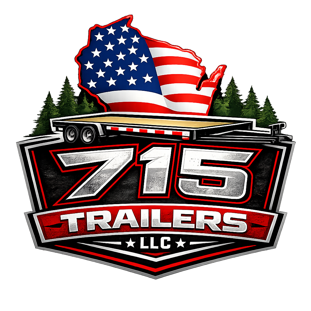 Logo for Z15 Trailers LLC featuring a stylized tractor trailer with an American flag-shaped outline of the United States, set against a background with trees and red, purple, and black streaks.