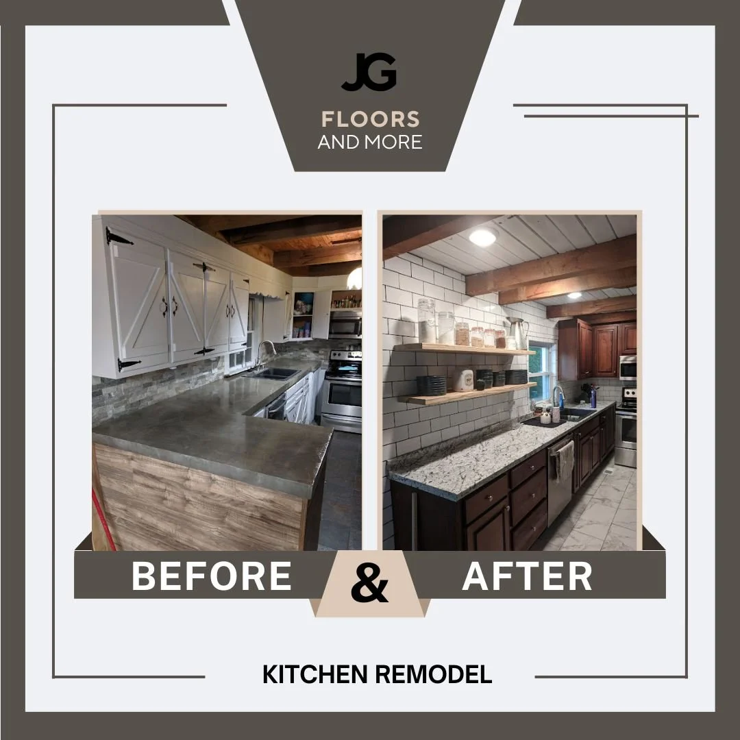 Side-by-side comparison of a kitchen before and after remodeling. The before image shows a kitchen with white cabinets, a concrete countertop, and a mixed wood and brick backsplash. The after image shows a kitchen with dark wood cabinets, granite countertops, white subway tile backsplash, and open wooden shelves.