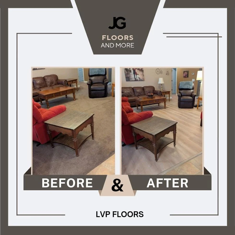 Comparison of a living room before and after new flooring installation. The left shows carpeted floors, while the right displays light-colored wood or laminate floors.