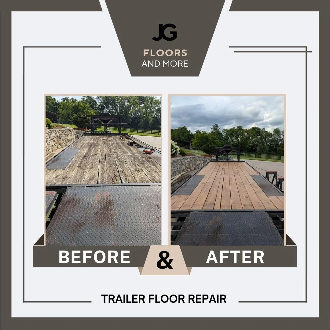 Before and after photos of a trailer floor repair, showing a worn wooden floor in the before image and a freshly replaced wooden floor in the after image.
