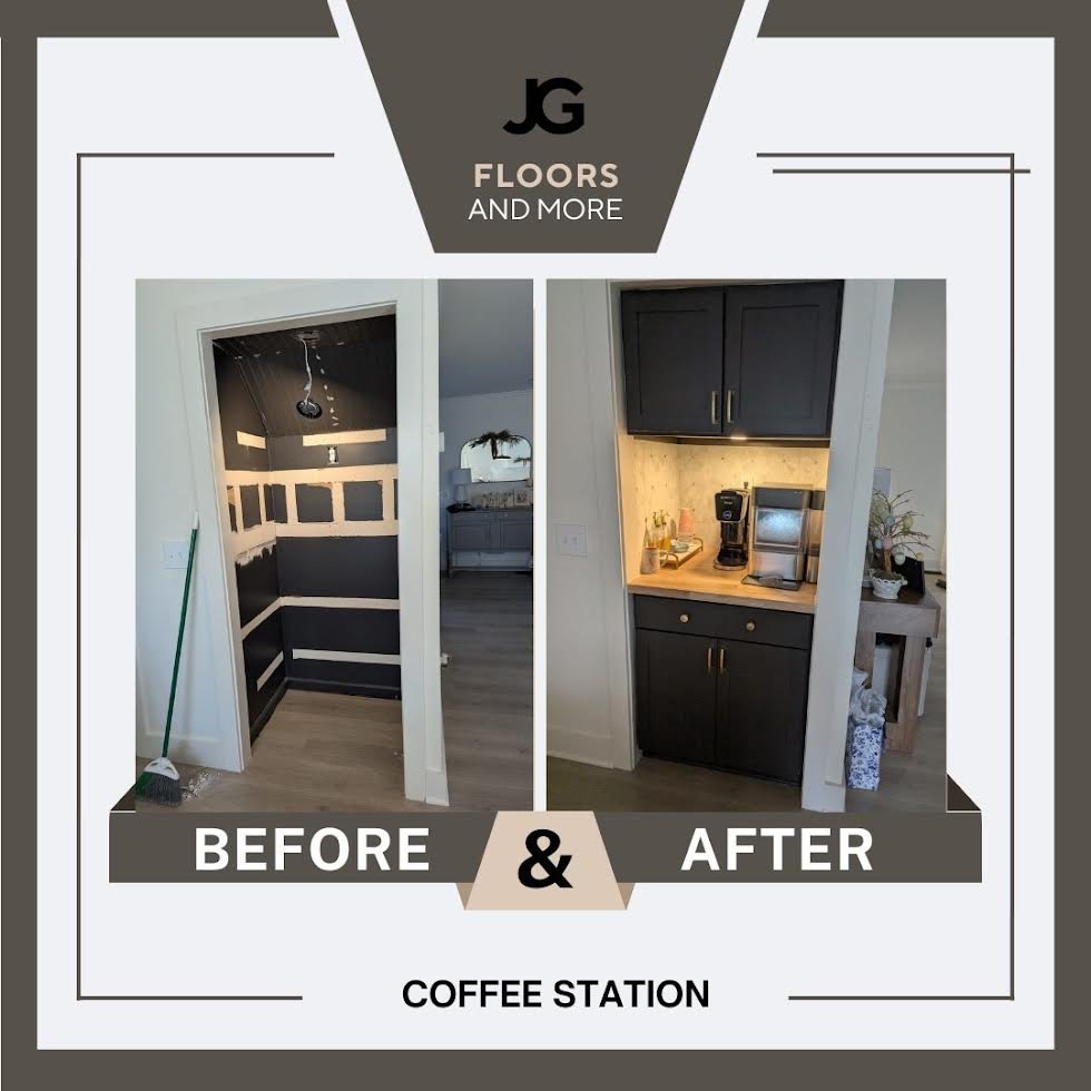 Comparison of a small kitchen area before and after renovation, showing an open space with painted walls and cabinetry in a home, labeled as 'Coffee Station'