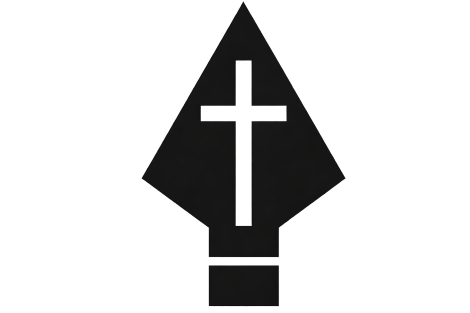 A black and silver emblem with a cross in the center, surrounded by a diamond shape and a small rectangle at the bottom.