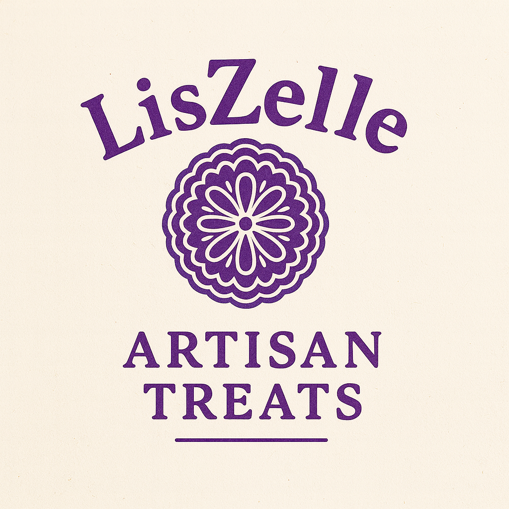 Logo for LisZelle Artisan Treats, featuring a purple decorative floral design and purple text on a cream background.
