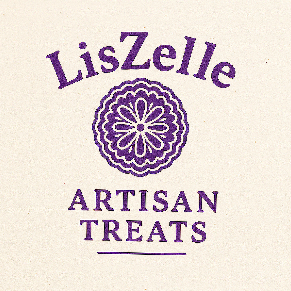 A logo with the text 'Lizelle Artisan Treats' and a purple decorative floral design in the center.