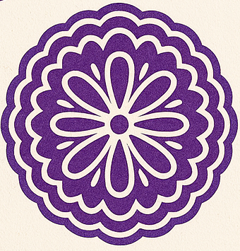 Purple and white decorative circular pattern with a floral design.