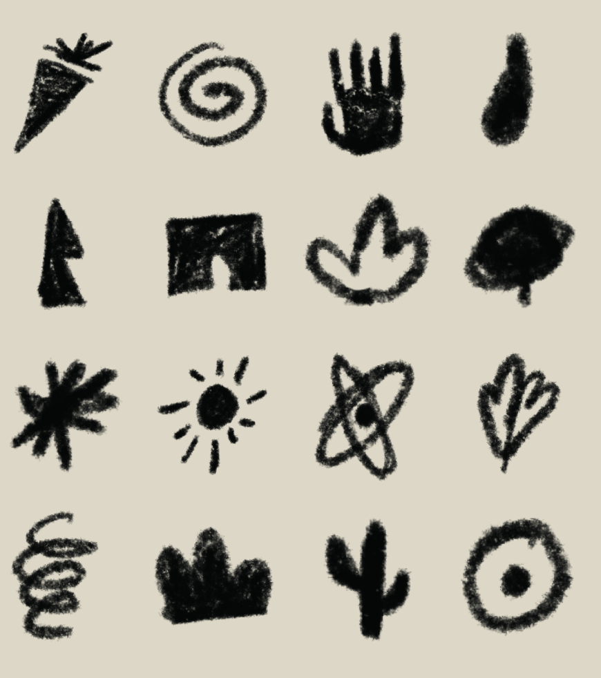 Serie de trece dibujos hechos con trazos negros, diferentes símbolos y formas entre ellas una zanahoria, espiral, mano, gota, flecha, forma cuadrada, llama, mancha, flor, sol, átomo, nube, espiral, flor, número 4 y un círculo