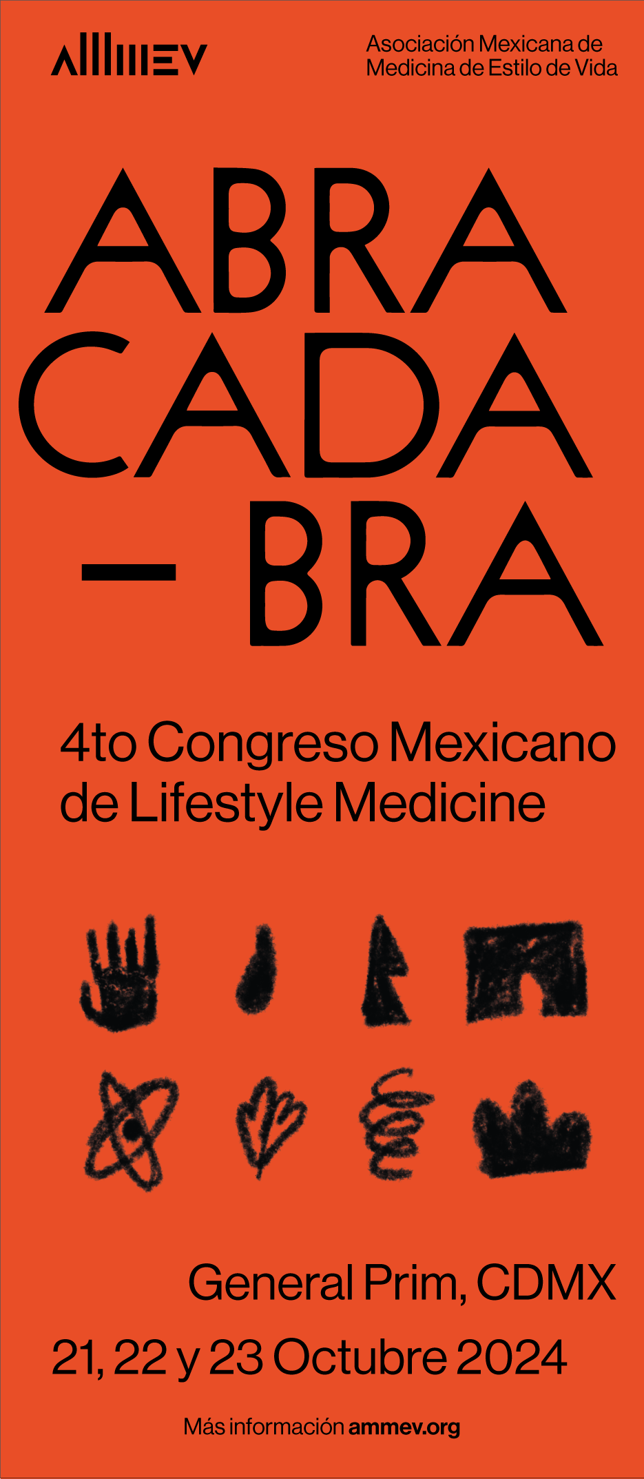 Póster de marketing para el 4to Congreso Mexicano de Medicina de Estilo de Vida, con el título 'Abra cada- bras', y dibujos de manecillas, corazón y otras formas, en un fondo naranja.