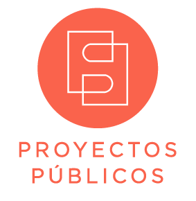 Logotipo con formas abstractas y la leyenda 'Proyectos Públicos' en letra roja sobre fondo redondo anaranjado.