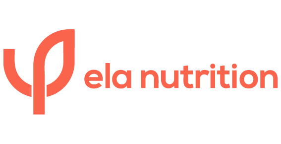 Logo de 'Ela Nutrition' con un diseño de hoja en color coral y texto en negro y coral.