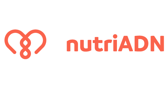 Logotipo de NutrIA DN con un corazón formado por una hoja y un tenedor, en tonos rojos y negros.