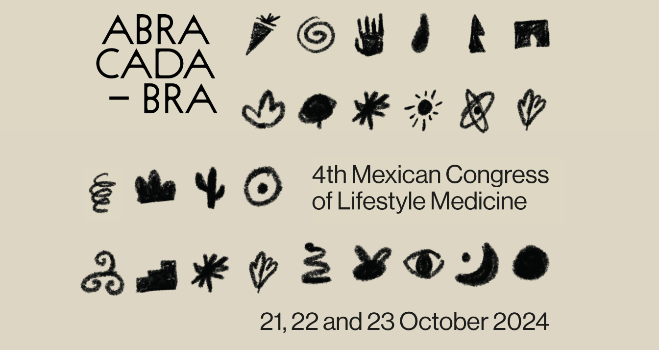 Cartel del 4º Congreso Mexicano de Medicina de Estilo de Vida, que se llevará a cabo del 21 al 23 de octubre de 2024, con ilustraciones de símbolos abstractos y formas orgánicas de color negro en fondo beige.