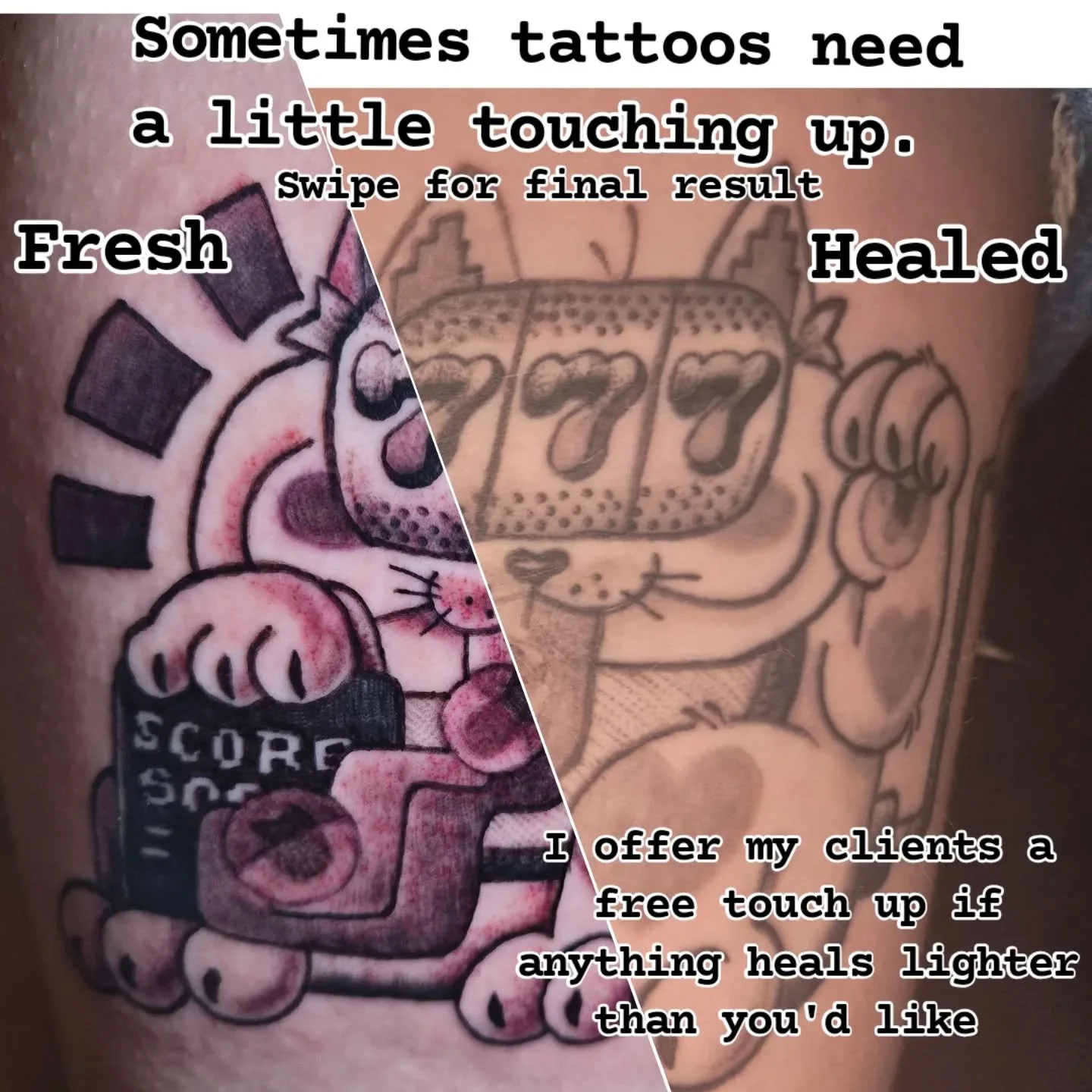 Little touch up on this casino cat. If anything heals lighter than youd like the first touch up is always free.  You can see how it looks freshly tattooed, 4 months healed and freshly touched up. 😎 book in for your next tat. If you need a touch up h