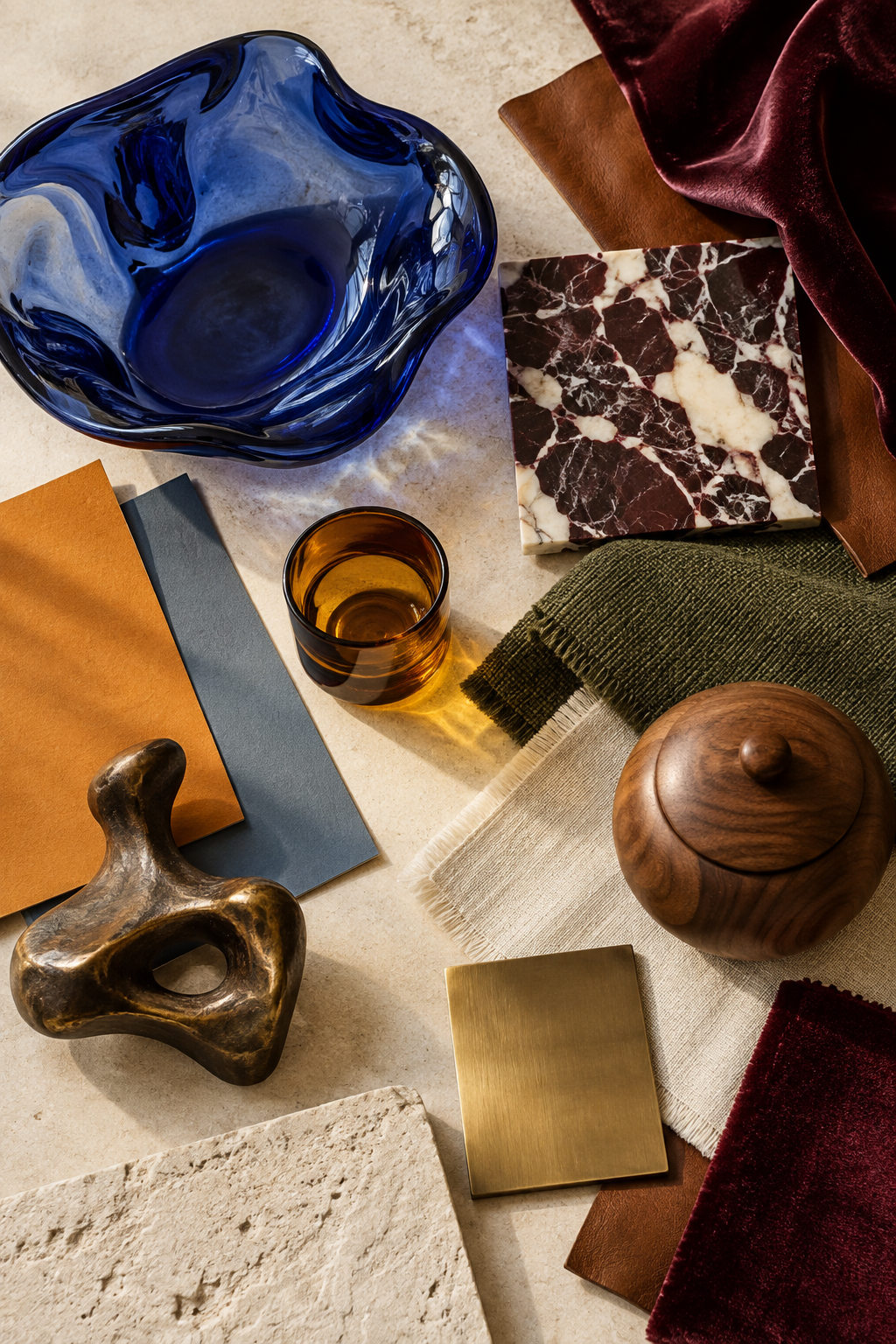 A collection of home decor and design items including a large blue glass bowl, a smaller brown glass container, marble and leather samples, textured fabrics, a wooden container, and various colored paper swatches arranged on a neutral surface.