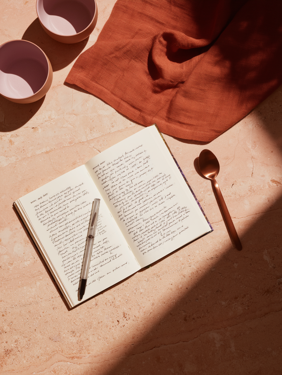 Open notebook with handwritten notes and a pen on a sunlit table, styled with cups, a spoon, and a warm-toned linen cloth.