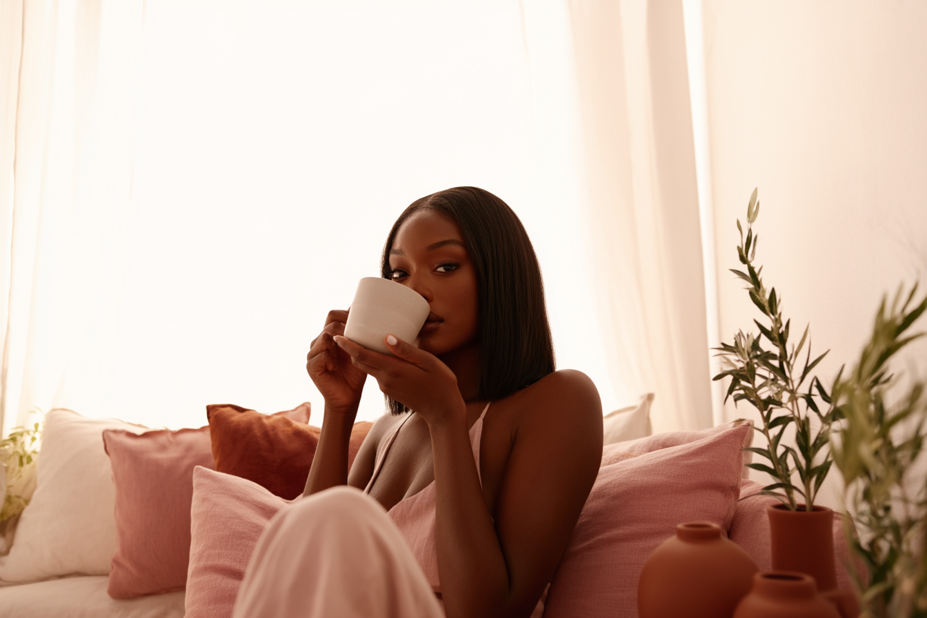 Young Black woman enjoying a peaceful tea moment at home, seated on a cozy sofa with earthy decor and soft pink tones