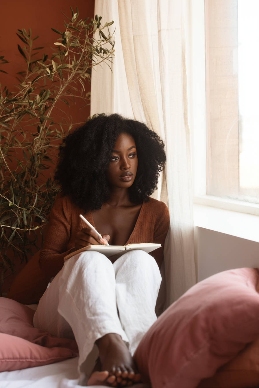 Black woman sitting by a window writing in a journal, surrounded by warm tones and soft natural light.