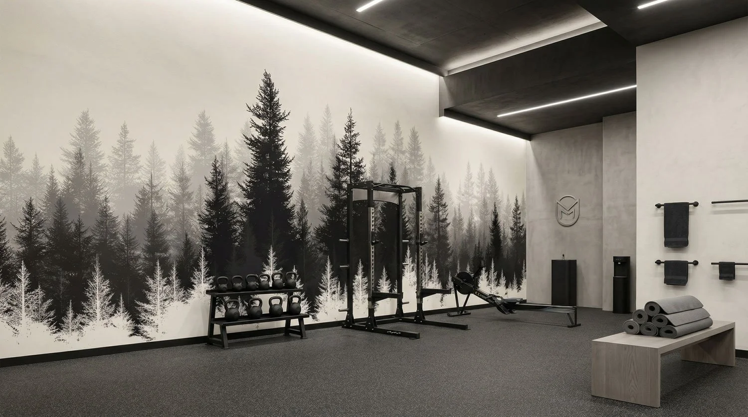Fitnessraum mit Wandbild von Tannenbäumen, Hanteln, einem Kraftgerät, einer Rudermaschine, Yogamatten auf einem Sitzbank, Handtüchern an der Wand, einem Wasserautomat, einem hochwertigen, modernen Design