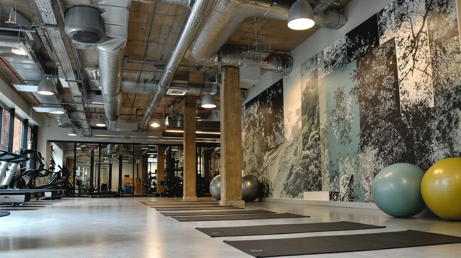 Innenraum eines Fitnessstudios mit Trainingsgeräten, Yoga-Matten, Gymnastikbällen und einer künstlerischen Wandgestaltung.