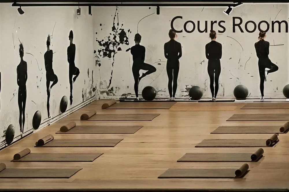 Fitnessraum mit Yoga-Matten, Gymnastikrollen und Medizinbällen, Wandmalereien von Frauen in Yoga-Posen und der Schriftzug 'Cours Room'.