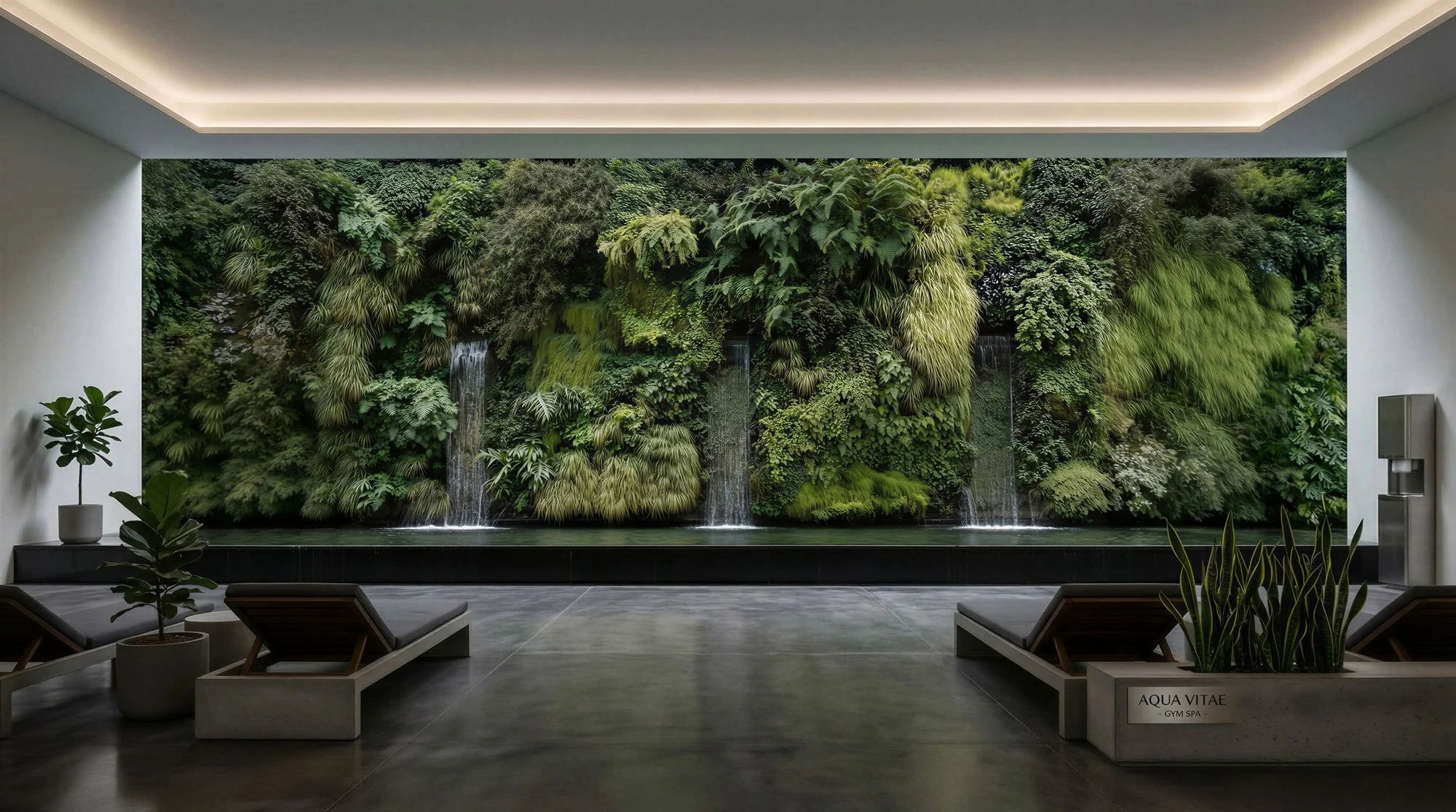 Innenraum einer Wellnessoase mit Pflanzenwand, Wasserfall und Liegen.