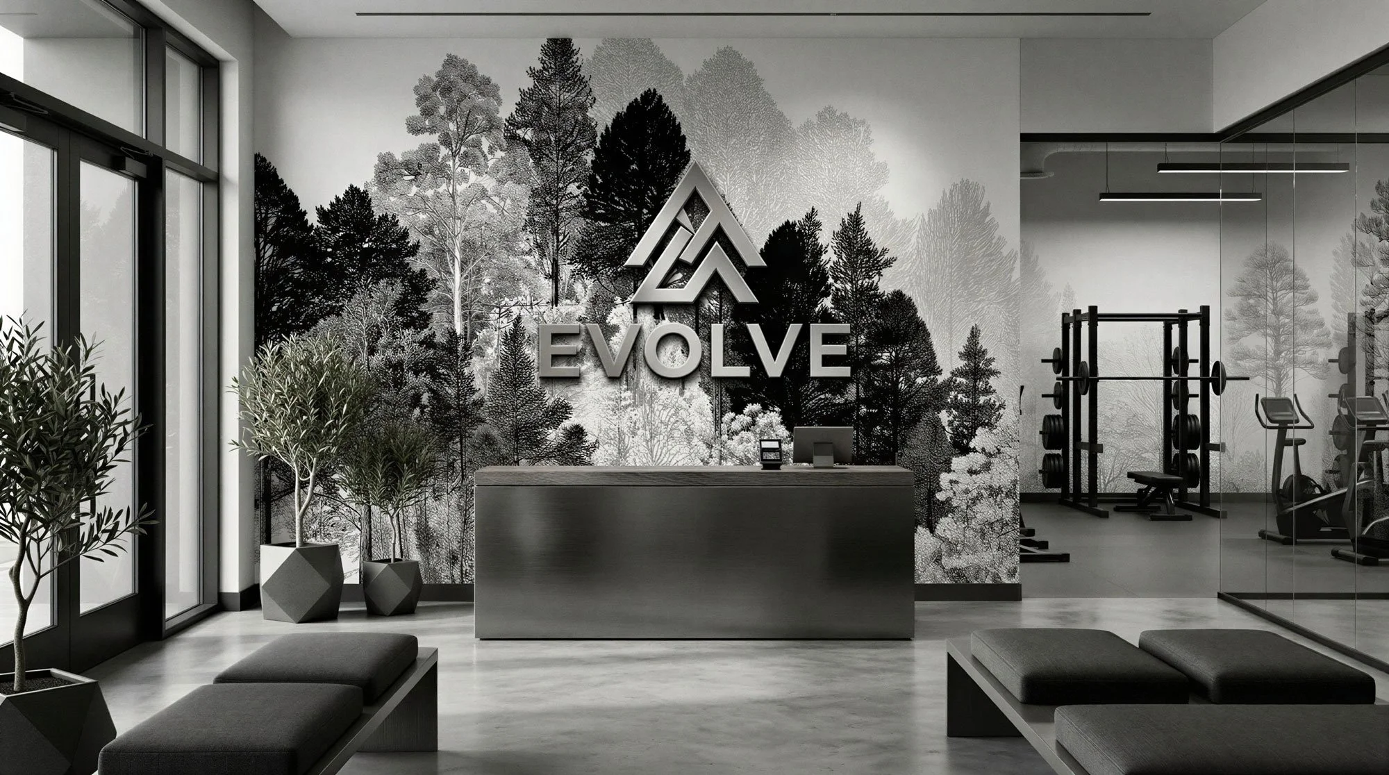 Fitnessstudio Empfang mit Logo 'EVOLVE' vor einer Wand mit Baum-Motiv, Fitnessgeräte im Hintergrund, Sitzbänke im Vordergrund, Pflanzen an der Seite, moderner minimalistischer Stil
