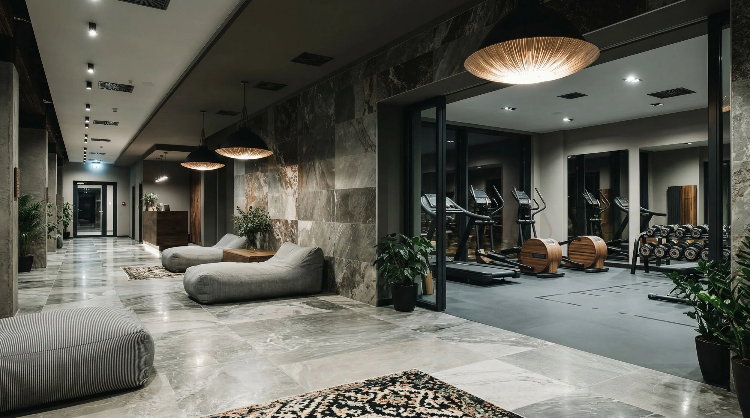 Ein moderater Hotel-Fitnessraum mit Cardio-Geräten und Sitzgelegenheiten im Flur, moderne Einrichtung mit Pflanzen, Lampen, Teppichen und Marmorfliesen.