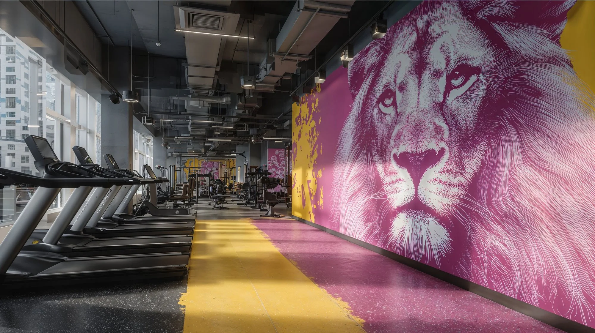 Innensicht eines Fitnessstudios mit Laufbändern und Kraftgeräten, Wand mit großem, detailliertem Löwenporträt in Pink, Gelb und Schwarz, große Fenster mit Stadtblick.