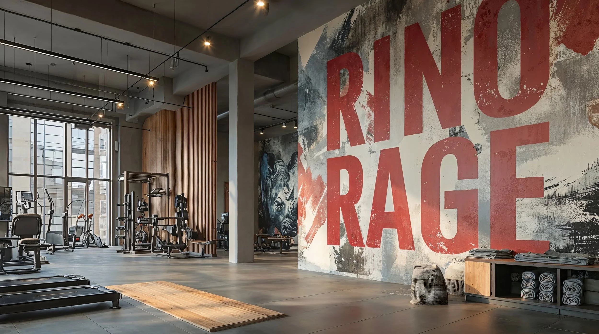 Modernes Fitnessstudio mit Laufbändern, Trainingsgeräten, Holzpaneelen an der Wand, große Fenster, Graffiti-Kunst des Bullen, große rote Schrift 'RINO RAGE' auf einer Wand.