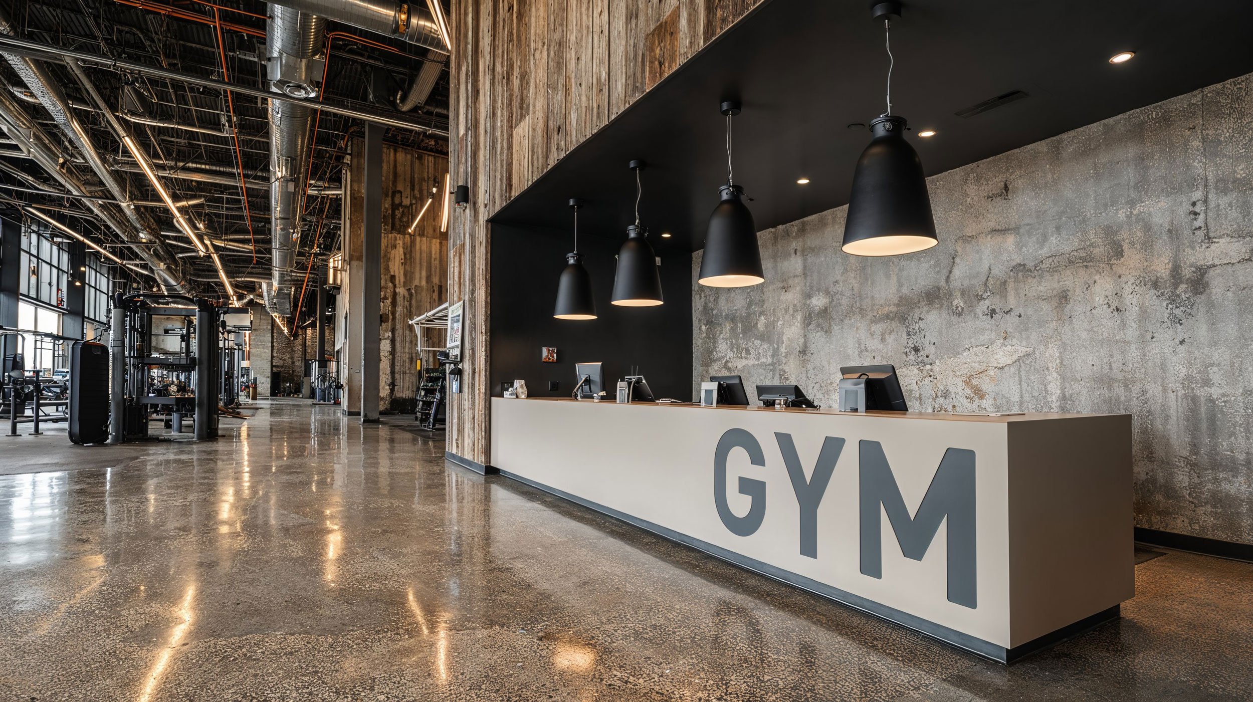 Eingangsbereich eines modernen Fitnessstudios mit Rezeption und Trainingsgeräten im Hintergrund.