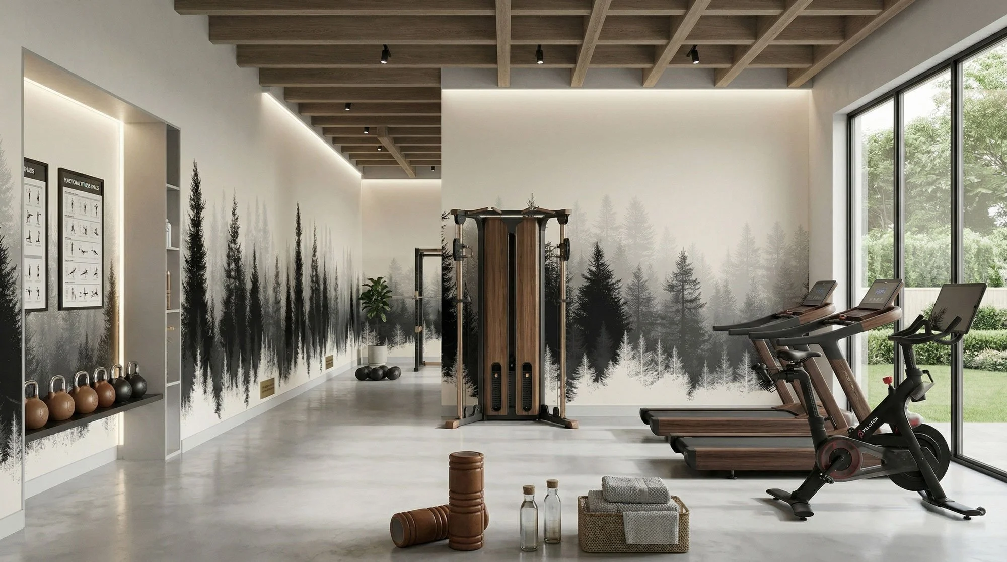 Ein modernes Fitnessstudio mit Laufbändern, einem Rudergerät, Hanteln, Wasserflaschen und Fitnesszubehör. Die Wand hat ein monochromes Baum-Motiv, Fenster auf der rechten Seite lassen Tageslicht herein