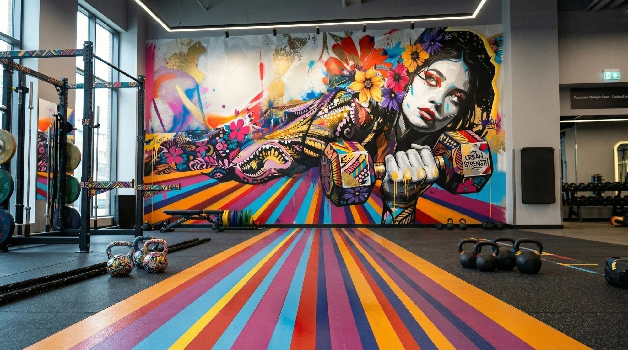 Sporthalle mit buntem Wandgemälde einer Frau, die eine Hantel hält, vor bunten Linien auf dem Boden, Kettlebells und Hanteln