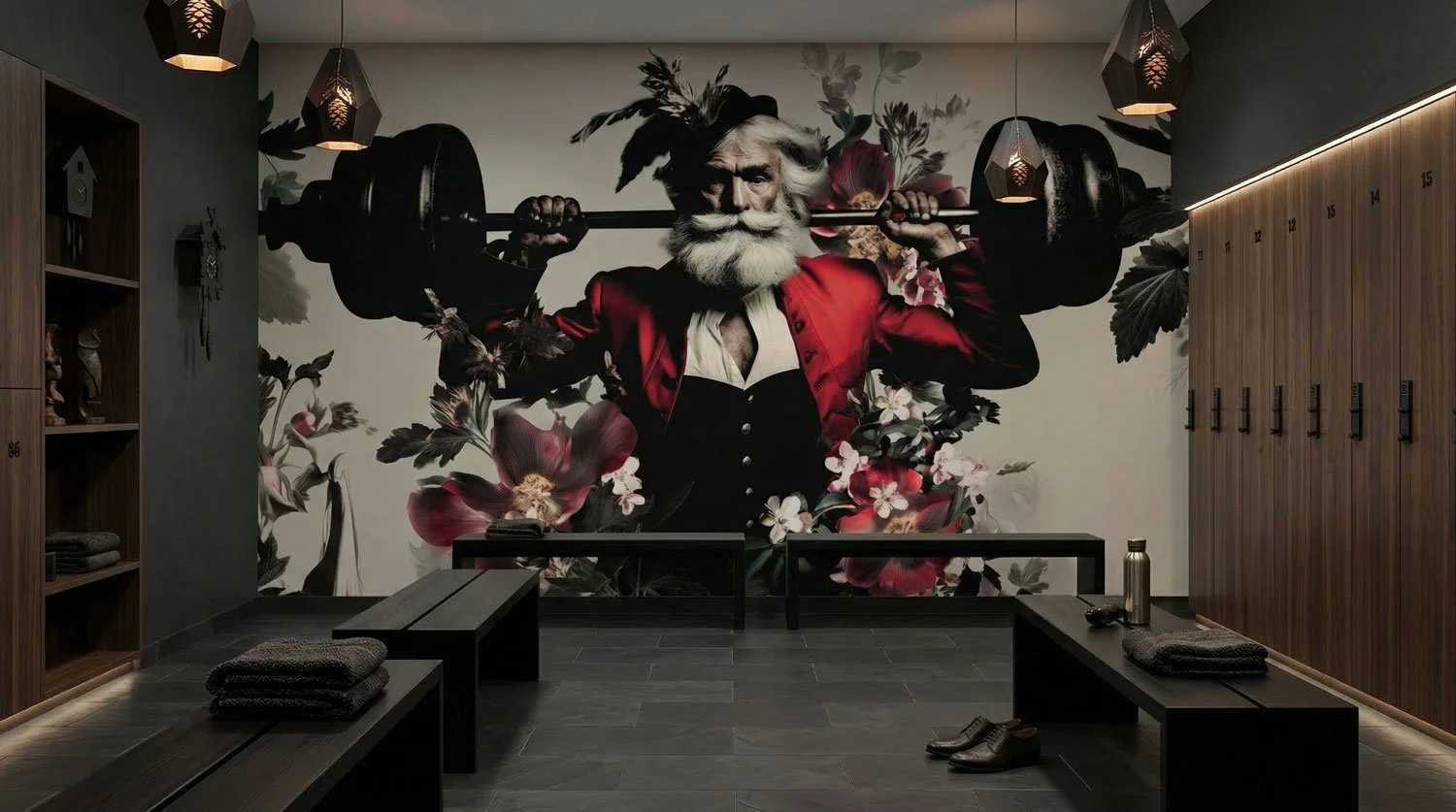 Ein Fitnessstudio mit einer Wandmalerei eines alten Mannes, der eine Hantel über den Schultern hält, umgeben von Blumen und Pflanzen, mit Holzschränken und Sitzgelegenheiten im Vordergrund.